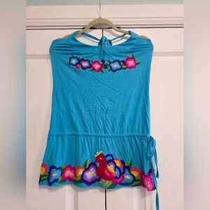 Sweetees Turquoise Embroidered Halter Top Size Large Hippie BOHO Vibe